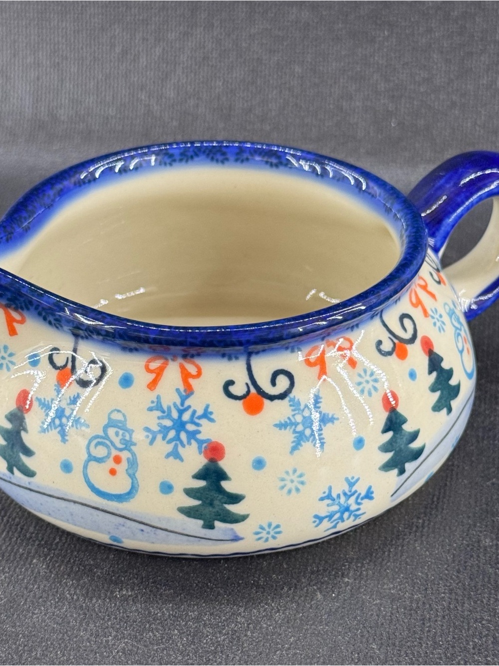Polish Pottery Bowleslawiec Gravy Boat Creamer Winter Snow Christmas Holidays